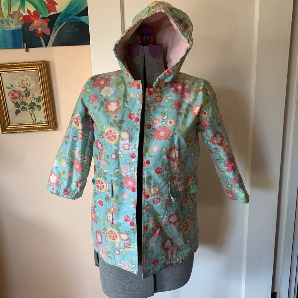 Pluie Pluie Girls Blue Floral Hooded Raincoat Jacket Size 6/6X‎